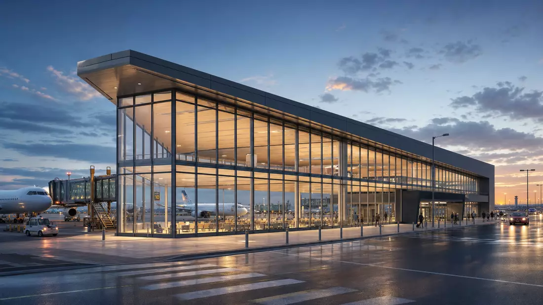 3D-Architekturvisualisierung eines gläsernen Flughafenterminals mit Flugzeugen am Abend