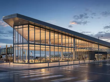Architektur-Render eines modernen Flughafenterminals repräsentiert Ryanair Holdings plc, ISIN IE00BYTBXV33, am Standort Dublin - Foto: THN
