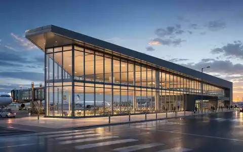 Architektur-Render eines modernen Flughafenterminals repräsentiert Ryanair Holdings plc, ISIN IE00BYTBXV33, am Standort Dublin - Foto: THN
