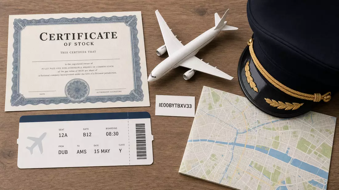 Flatlay mit Aktienzertifikat, ISIN-Karte, Modellflugzeug und Pilotenmütze auf Holztisch