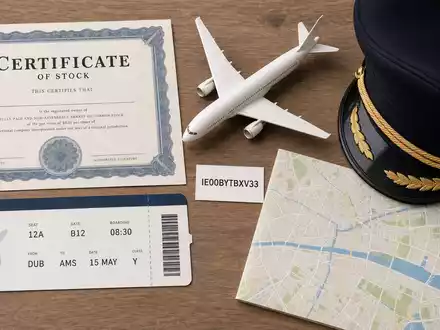 Flatlay mit Aktienzertifikat und ISIN-Karte IE00BYTBXV33 stellt Ryanair Holdings plc als Investmentobjekt visuell dar - Foto: THN