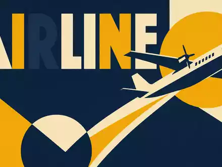 Geometrisches Bauhaus-Poster mit Sektor-Schriftzug AIRLINE veranschaulicht die Branche von Ryanair Holdings plc, ISIN IE00BYTBXV33 - Foto: THN