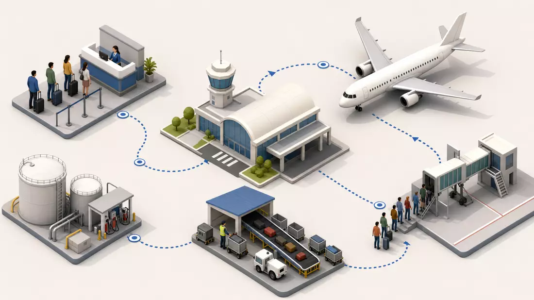 Isometrische 3D-Grafik zeigt Abläufe einer Low-Cost-Fluggesellschaft von Check-in bis Start