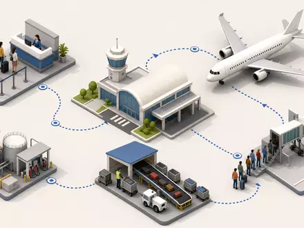 Isometrisches 3D-Diagramm der Wertschöpfungskette illustriert das Geschäftsmodell von Ryanair Holdings plc, ISIN IE00BYTBXV33 - Foto: THN