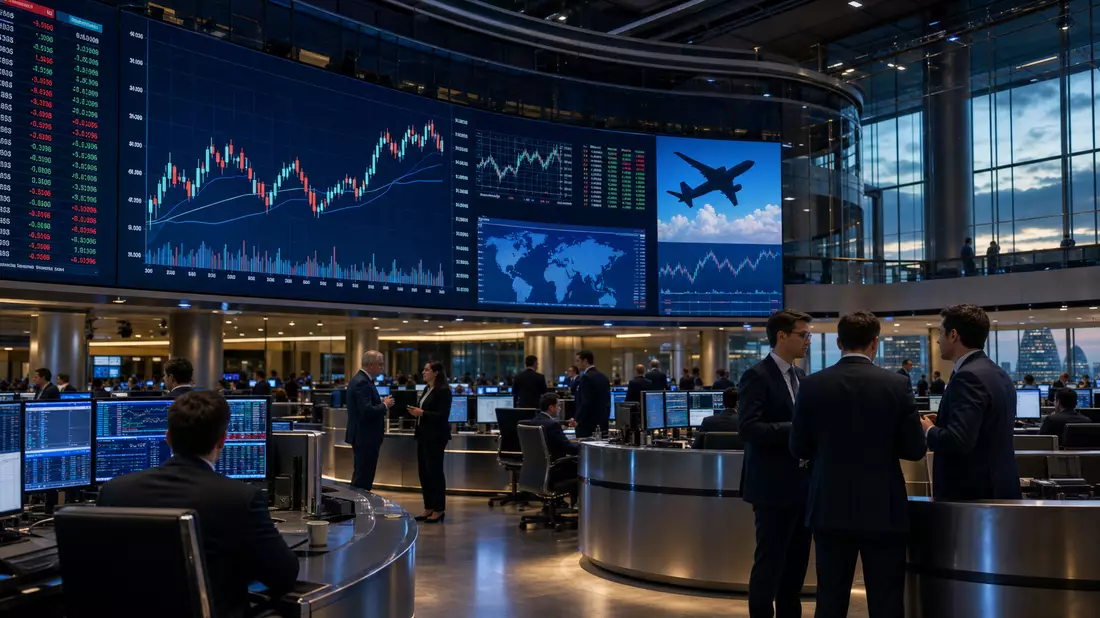Trading-Floor mit großen Bildschirmen zeigt Aktiencharts und Flugzeugsilhouette