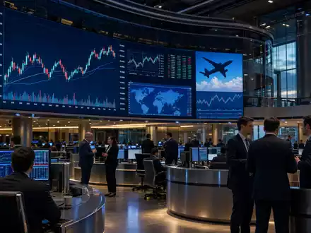Börsen-Editorialfoto vom Trading-Floor mit Luftfahrt-Charts bezieht sich auf Ryanair Holdings plc, ISIN IE00BYTBXV33, Euronext Dublin - Foto: THN