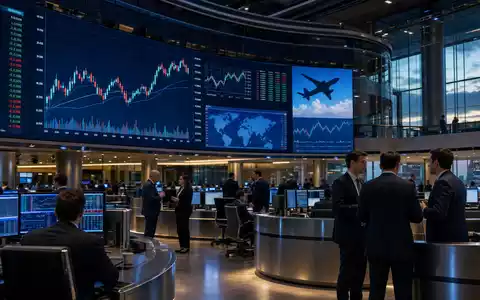 Börsen-Editorialfoto vom Trading-Floor mit Luftfahrt-Charts bezieht sich auf Ryanair Holdings plc, ISIN IE00BYTBXV33, Euronext Dublin - Foto: THN