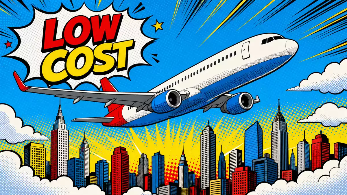 Pop-Art-Comic zeigt Flugzeug über Skyline mit Sprechblase LOW COST