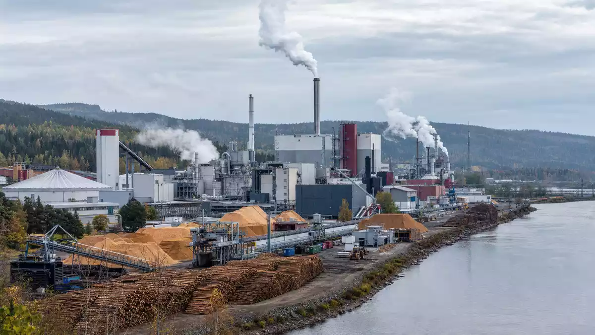 Papierfabrik mit Dampfschloten am Fluss, umgeben von finnischem Wald, fotorealistisch