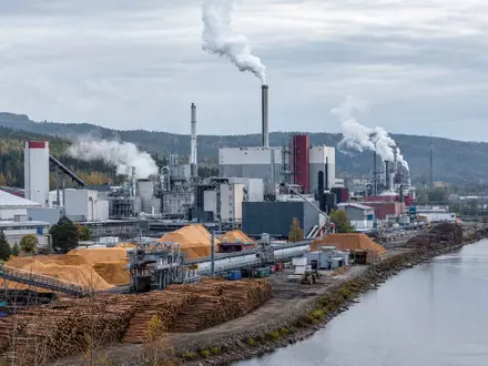 Fotorealistische Ansicht einer Zellstofffabrik am Fluss symbolisiert UPM-Kymmene Oyj, ISIN FI0009005987, im finnischen Waldgebiet - Foto: THN