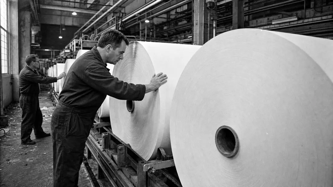 Schwarzweißfoto von Arbeitern an riesigen Papierrollen in einer Fabrikhalle