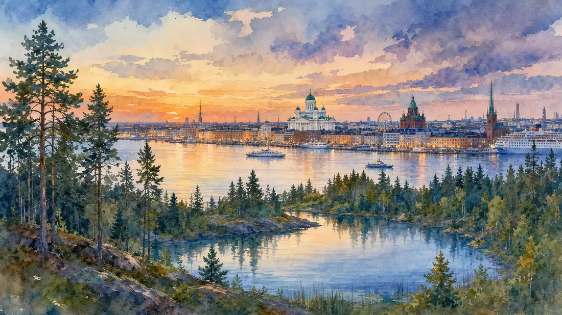Aquarellbild der Helsinki-Skyline bei Sonnenuntergang mit Wald und See im Vordergrund
