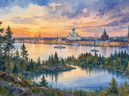 Aquarellmalerei der Helsinki-Skyline steht sinnbildlich für UPM-Kymmene Oyj, ISIN FI0009005987, mit finnischer Wald- und Seenlandschaft - Foto: THN
