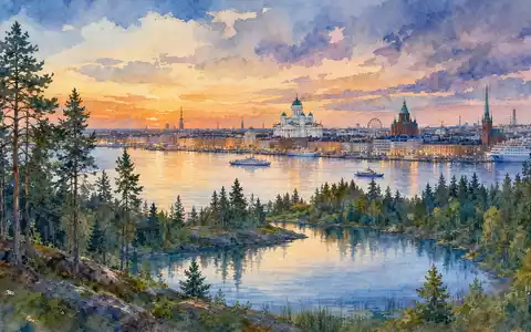 Aquarellmalerei der Helsinki-Skyline steht sinnbildlich für UPM-Kymmene Oyj, ISIN FI0009005987, mit finnischer Wald- und Seenlandschaft - Foto: THN