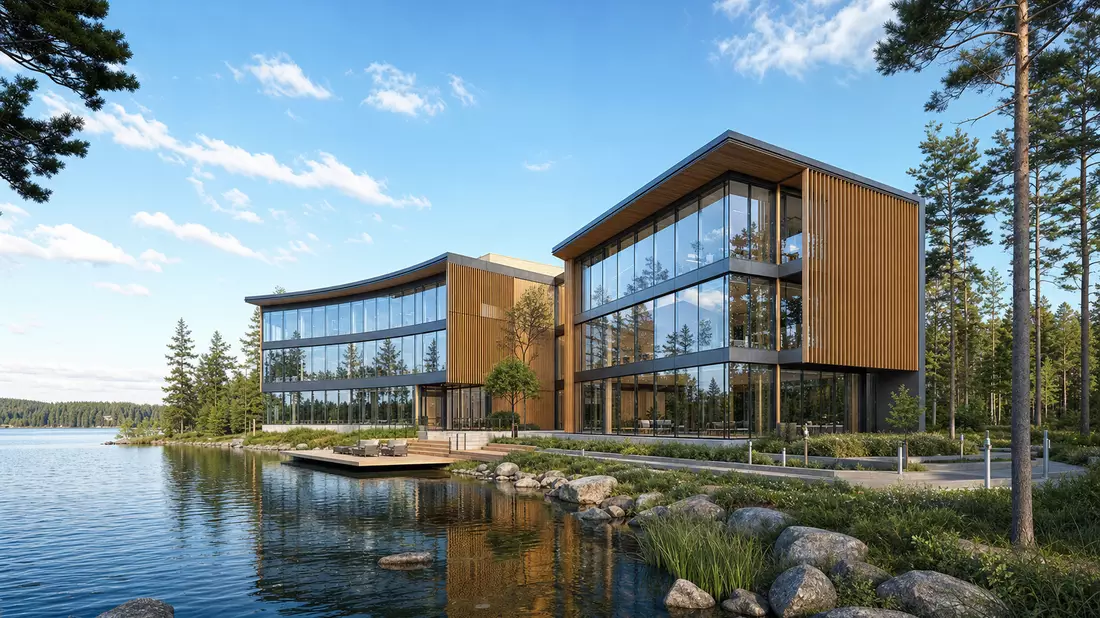Modernes Glas- und Holzgebäude am See, umgeben von Wald, architektonische Visualisierung