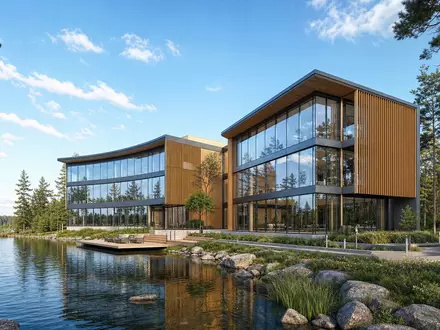 Architektur-Render eines nachhaltigen Bürogebäudes am See veranschaulicht UPM-Kymmene Oyj, ISIN FI0009005987, in moderner Holzbauweise - Foto: THN