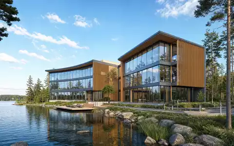 Architektur-Render eines nachhaltigen Bürogebäudes am See veranschaulicht UPM-Kymmene Oyj, ISIN FI0009005987, in moderner Holzbauweise - Foto: THN