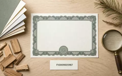 Flatlay mit Aktienzertifikat und ISIN-Karte FI0009005987 repräsentiert UPM-Kymmene Oyj, umgeben von Papier- und Holzutensilien - Foto: THN