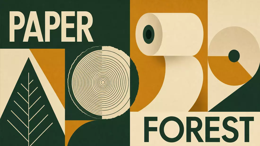Geometrisches Bauhaus-Poster mit Baumringen, Papierrolle und Text PAPER FOREST
