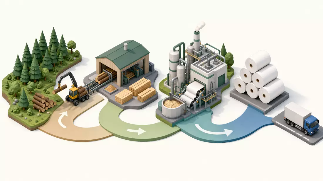Isometrische 3D-Illustration der Prozesskette von Wald über Fabrik bis Papierrolle