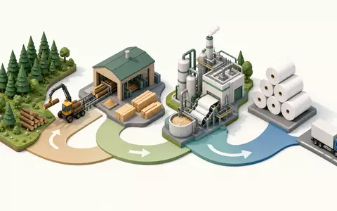 Isometrische 3D-Grafik der Wertschöpfungskette veranschaulicht UPM-Kymmene Oyj, ISIN FI0009005987, von Wald bis Papierprodukt - Foto: THN