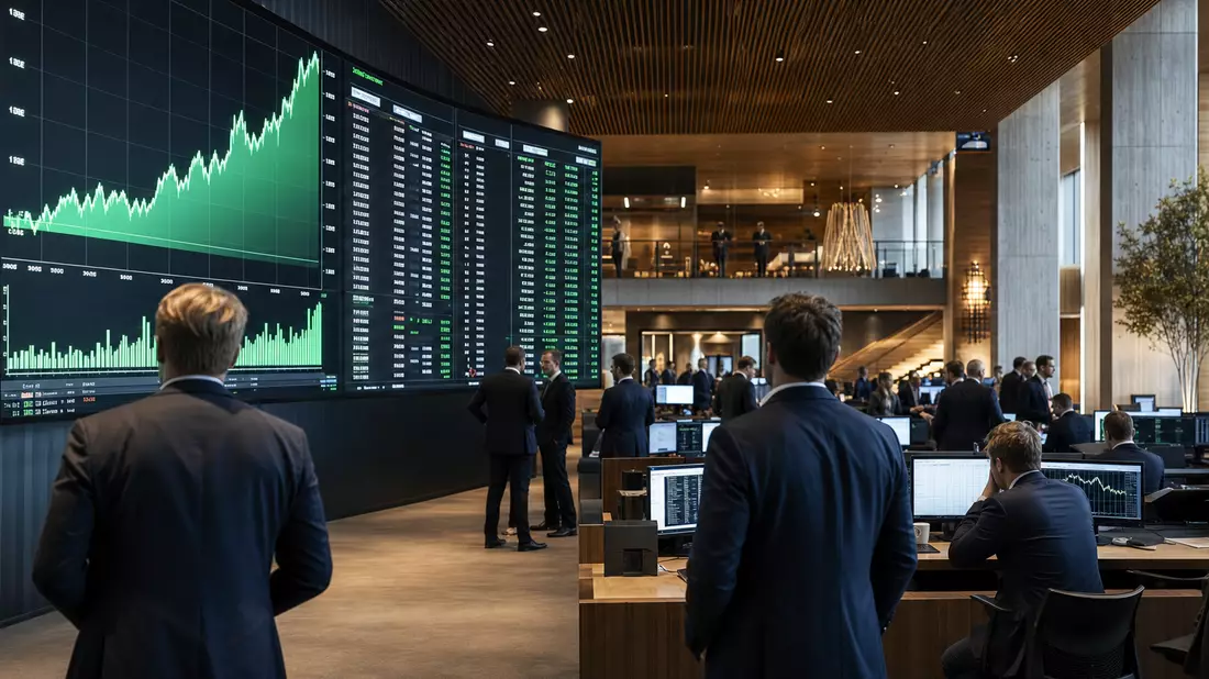 Trading-Floor mit grünen Kurscharts und Text OMX Helsinki, Trader vor Bildschirmen