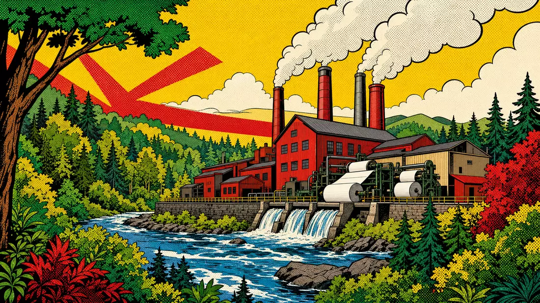 Bunte Pop-Art-Comic-Szene einer Papierfabrik am Fluss inmitten von Wald