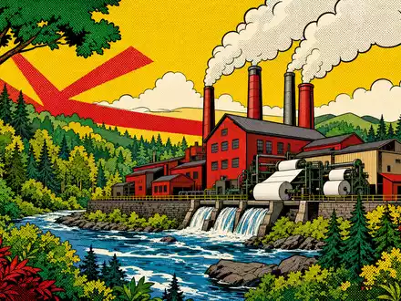 Pop-Art-Comic-Illustration einer Papierfabrik im Wald steht bildhaft für UPM-Kymmene Oyj, ISIN FI0009005987, farbenfroh gestaltet - Foto: THN