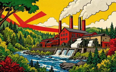 Pop-Art-Comic-Illustration einer Papierfabrik im Wald steht bildhaft für UPM-Kymmene Oyj, ISIN FI0009005987, farbenfroh gestaltet - Foto: THN