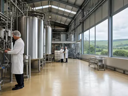 Kerry Group plc IE0004906560 zeigt fotorealistisch eine moderne Produktionsanlage für Lebensmittelzutaten mit Edelstahltanks in Irland - Foto: THN