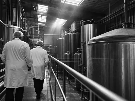 Kerry Group plc IE0004906560 dokumentiert in Schwarzweiß-Reportage Arbeiter zwischen großen Edelstahlsilos einer Zutatenfabrik - Foto: THN