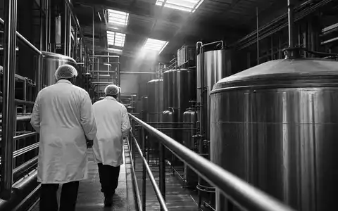 Kerry Group plc IE0004906560 dokumentiert in Schwarzweiß-Reportage Arbeiter zwischen großen Edelstahlsilos einer Zutatenfabrik - Foto: THN