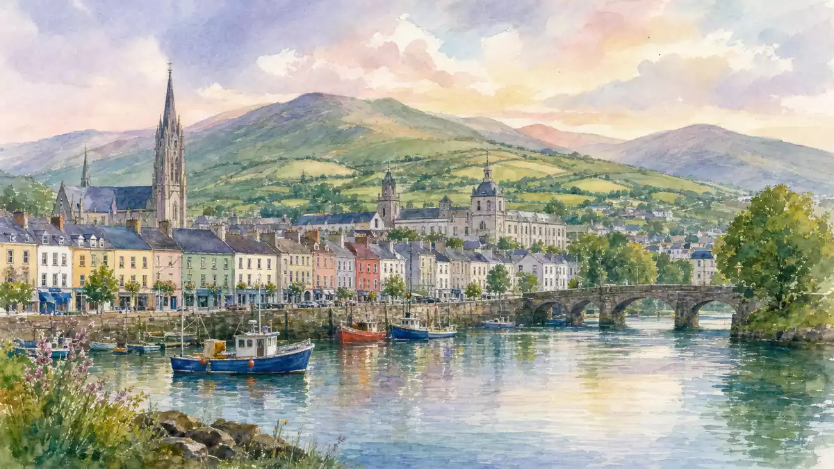 Aquarellmalerei von Tralee Irland, Kerry Group plc IE0004906560, künstlerisch