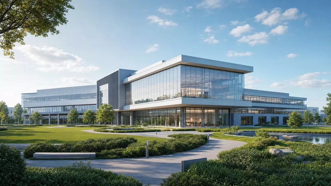 Architektur-Render eines modernen Firmengebäudes, Kerry Group plc IE0004906560, Glasfassade