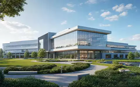 Kerry Group plc IE0004906560 präsentiert einen modernen Architektur-Render eines gläsernen Forschungs- und Verwaltungsgebäudes - Foto: THN