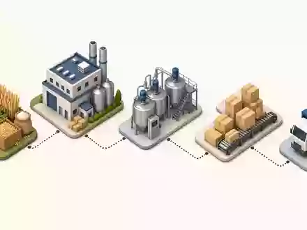 Kerry Group plc IE0004906560 illustriert isometrisch die Wertschöpfungskette von Rohstoffen bis zur Auslieferung der Produkte - Foto: THN