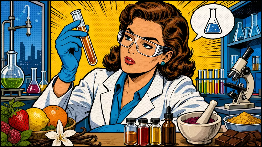 Pop-Art-Comic mit Lebensmittelwissenschaftlerin im Labor, Kerry Group plc IE0004906560