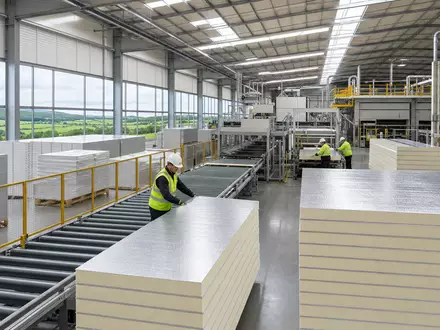 Fotorealistische Produktionshalle für Dämmplatten symbolisiert Kingspan Group plc, ISIN IE0004927939, irischer Baustoffhersteller mit moderner Fertigung - Foto: THN