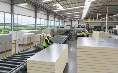 Fotorealistische Produktionshalle für Dämmplatten symbolisiert Kingspan Group plc, ISIN IE0004927939, irischer Baustoffhersteller mit moderner Fertigung - Foto: THN