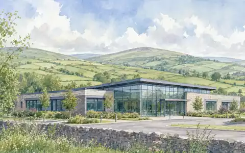 Aquarellmalerei einer irischen Hügellandschaft mit Bürogebäude repräsentiert Kingspan Group plc, ISIN IE0004927939, ruhig dargestellt - Foto: THN