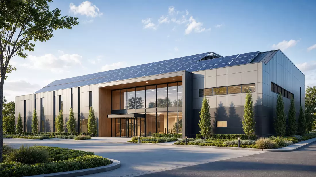 3D-Architekturrendering eines energieeffizienten Gebäudes mit Solarpaneelen