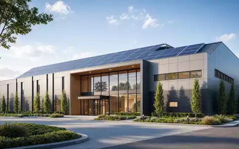 Architektur-Rendering eines nachhaltigen Gebäudes steht für Kingspan Group plc, ISIN IE0004927939, energieeffizient und modern gestaltet - Foto: THN