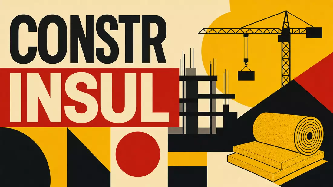 Geometrisches Bauhaus-Poster mit Baukran, Dämmrollen und Sektortext