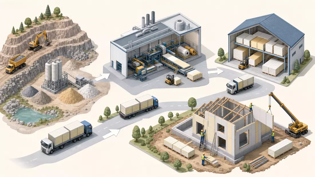 Isometrische Illustration der Wertschöpfungskette von Rohstoff bis Baustelle