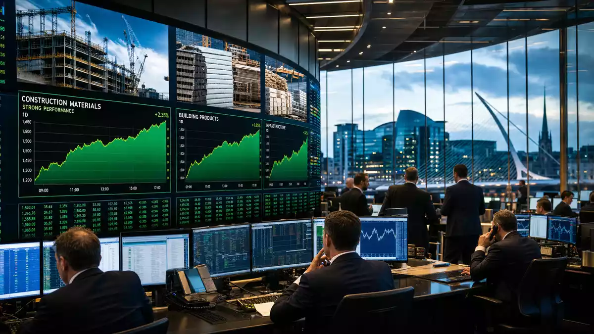 Trading-Floor mit Charts zu Baumaterialien und Blick auf Dublin Skyline