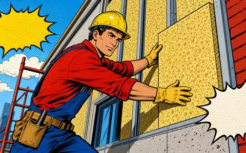 Pop-Art-Comic mit Bauarbeiter und Dämmplatte verkörpert Kingspan Group plc, ISIN IE0004927939, farbenfroh im Retro-Comicstil dargestellt - Foto: THN