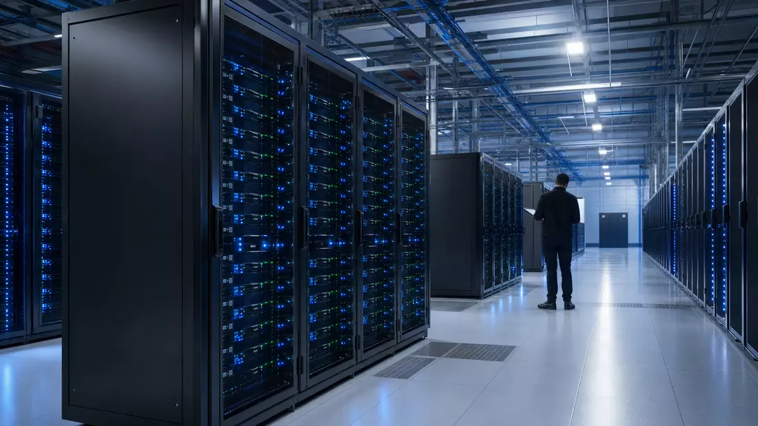 Techniker prüft Serverreihen in modernem Rechenzentrum eines Zahlungsdienstleisters