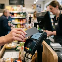 Fotorealistische Aufnahme von Zahlungskarte beim Bezahlen zum Thema Mastercard, ISIN US57636Q1040, natuerliches Licht - Foto: THN
