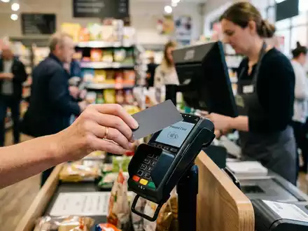 Fotorealistische Aufnahme von Zahlungskarte beim Bezahlen zum Thema Mastercard, ISIN US57636Q1040, natuerliches Licht - Foto: THN