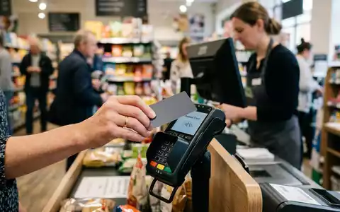 Fotorealistische Aufnahme von Zahlungskarte beim Bezahlen zum Thema Mastercard, ISIN US57636Q1040, natuerliches Licht - Foto: THN